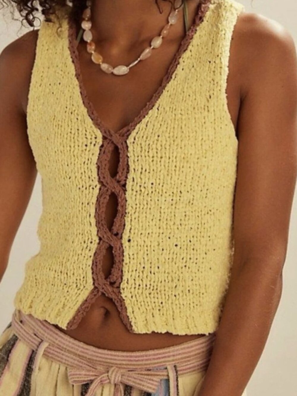 FREE PEOPLE Sicily Shell Sweater Top Yellow Large Boho Knit Granola Girl